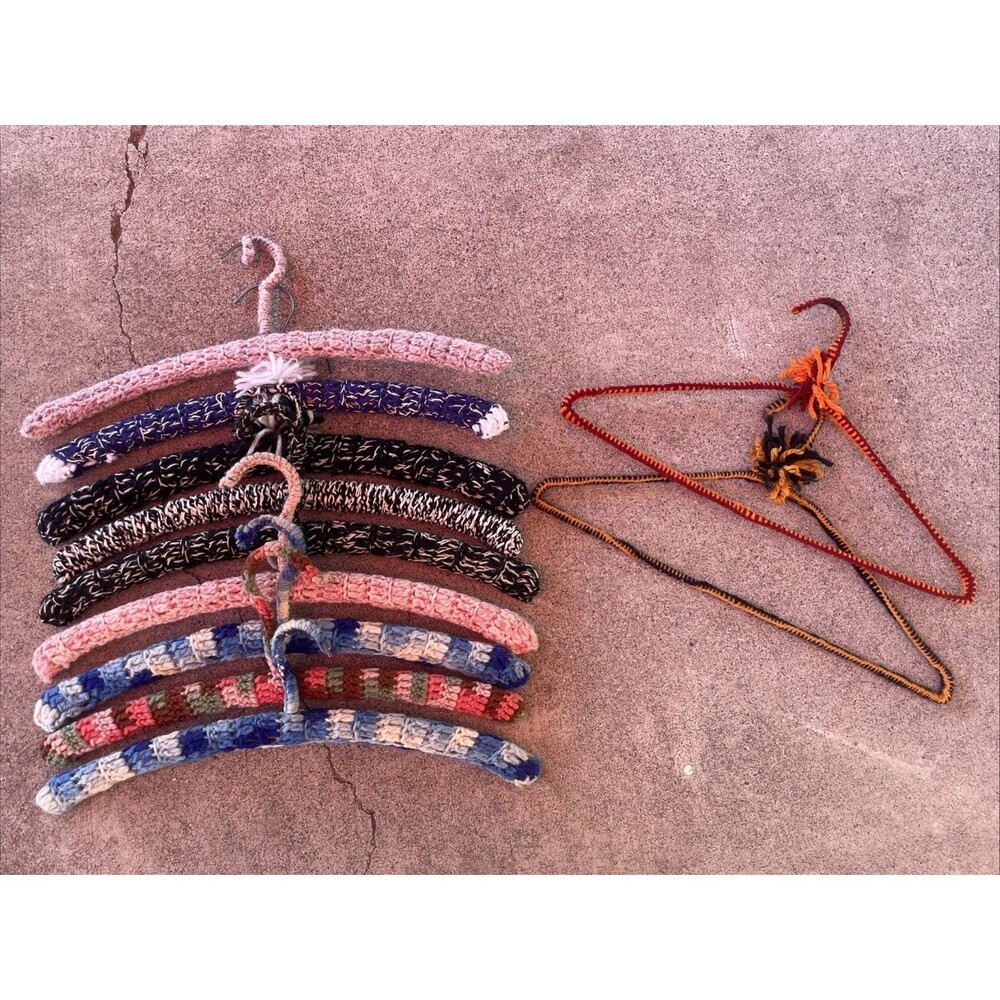 Set of 11 Handmade Vintage Crochet Covered Wooden Clothes Hangers Various Colors